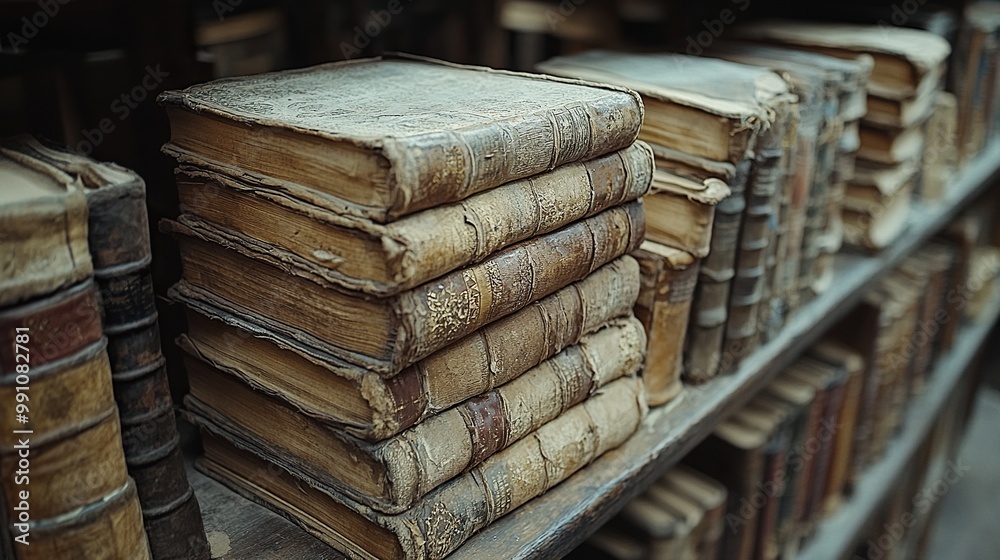 Ancient books and manuscripts fill a library shelf, depicted in a vintage style. Ancient books and manuscripts fill a library shelf, depicted in a vintage style.