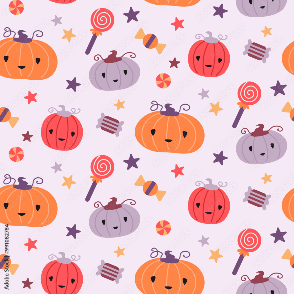 Halloween seamless pattern with cute cartoon pumpkin and treats. Halloween candies, sweets and lollipops. Background for print, fabric, wrapping paper. Halloween seamless pattern with cute cartoon pumpkin and treats. Halloween candies, sweets and lollipops. Background for print, fabric, wrapping paper.