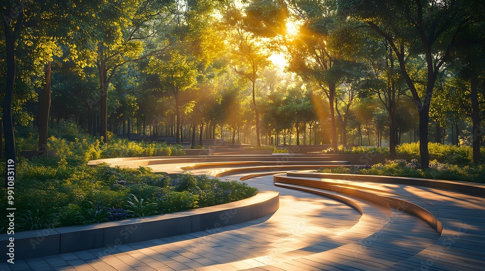 Obraz premium A sunlit park with curved amphitheater seating, modern landscape design, and lush green trees, accentuated by serene golden hour lighting and architectural elements.