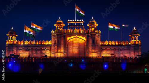 Historical monuments like the Red Fort decorated with Indian flags, illuminated at dusk with a soft glow photo