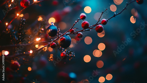 A beautifully decorated Christmas tree branch adorned with red and blue ornaments, surrounded by soft glowing lights, creates warm and festive atmosphere