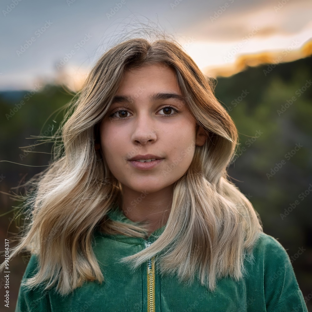 Primer plano de una chica rubia de unos 20 años con la mirada perdida y el pelo suelto Primer plano de una chica rubia de unos 20 años con la mirada perdida y el pelo suelto