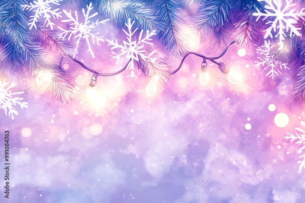 Watercolour Christmas background with delicate snowflakes and glowing fairy lights Watercolour Christmas background with delicate snowflakes and glowing fairy lights