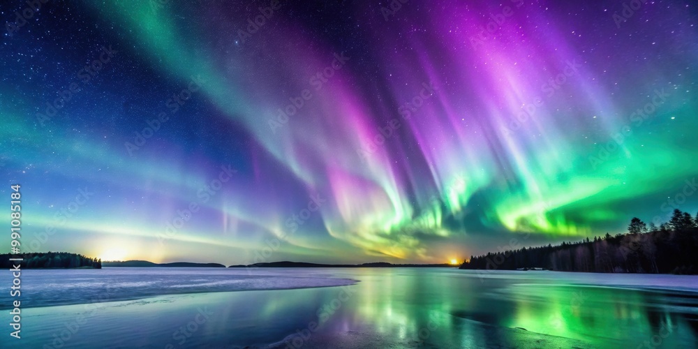 Purple and green aurora borealis dancing over a frozen lake , Northern lights, winter, nature, scenic, beautiful, tranquil Purple and green aurora borealis dancing over a frozen lake , Northern lights, winter, nature, scenic, beautiful, tranquil