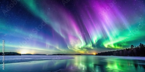 Purple and green aurora borealis dancing over a frozen lake , Northern lights, winter, nature, scenic, beautiful, tranquil