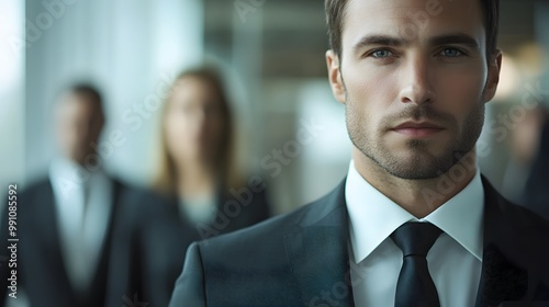 Businessman in tailored suit with black tie and white shirt, set in a corporate environment with blurred colleagues, emphasizing professional attire and sharp detail focus.