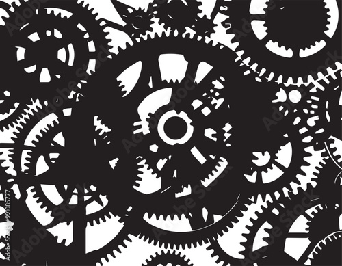 Black and White Gear Illustration: Intricate Steampunk Cogwheels Pattern, Abstract Mechanical Design, Clockwork Machinery Art, Detailed Vector Graphics