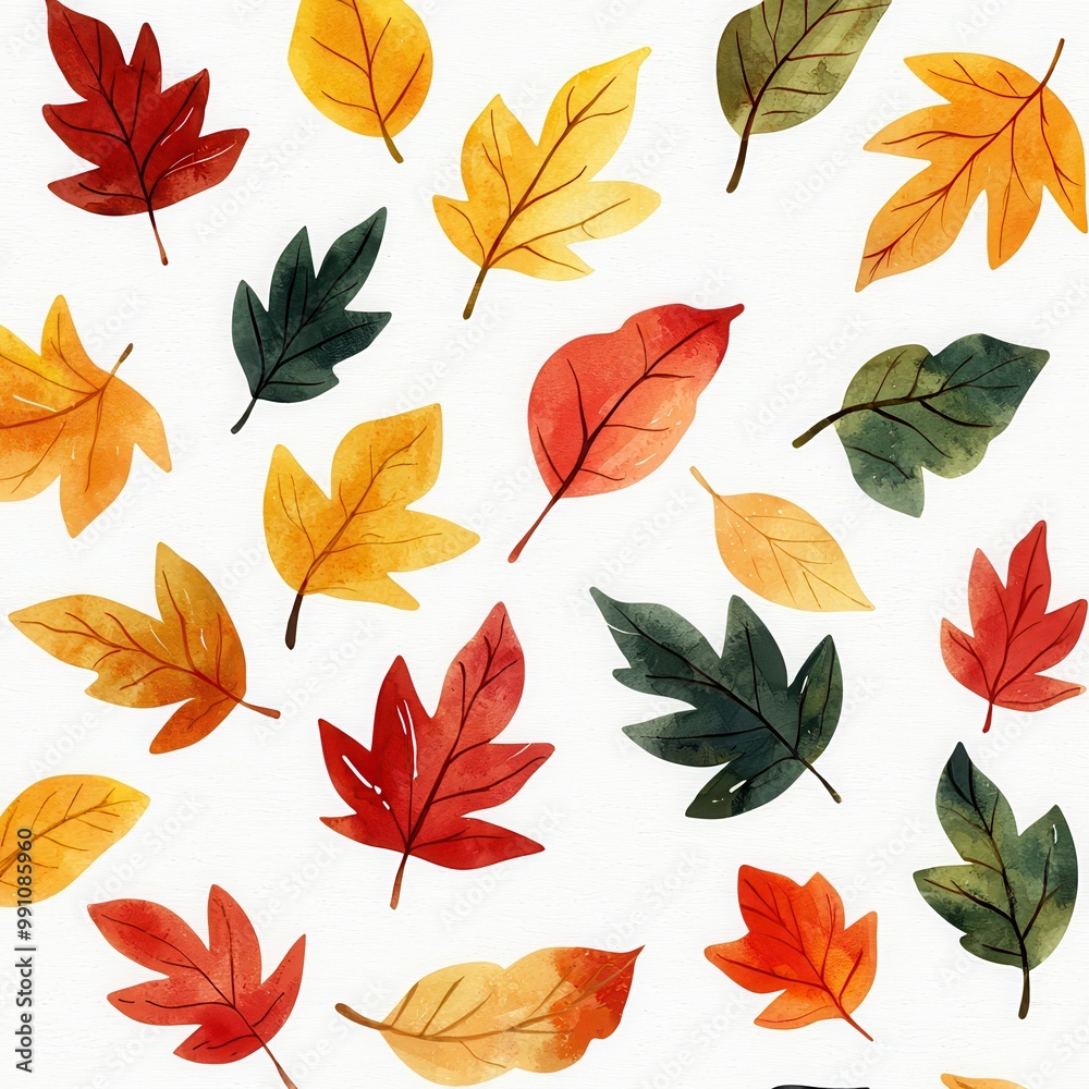 Fototapeta premium A lawn with scattered autumn leaves, seasonal yard scene, watercolor style, warm tones, isolated on white background