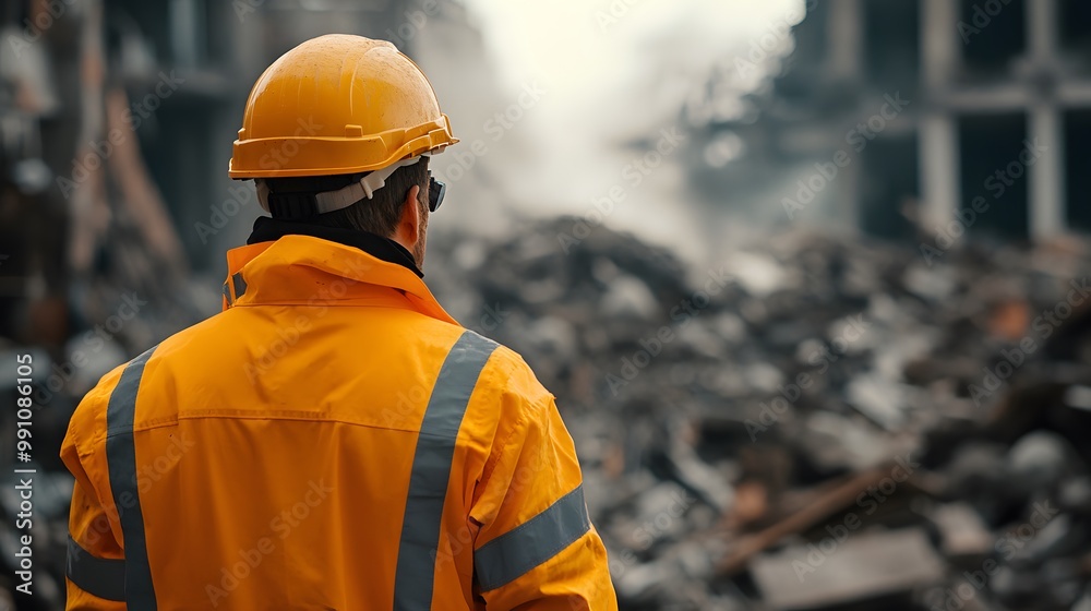 Construction worker in yellow helmet and orange jacket examines rubble at a demolition site, captured in a close-up shot in a rugged industrial scene with a focused expression. Construction worker in yellow helmet and orange jacket examines rubble at a demolition site, captured in a close-up shot in a rugged industrial scene with a focused expression.
