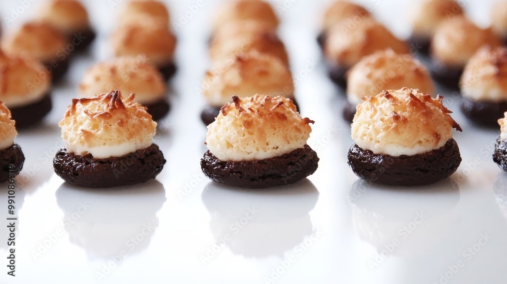 Neatly Arranged Coconut Macaroons on Minimalist White Background Neatly Arranged Coconut Macaroons on Minimalist White Background