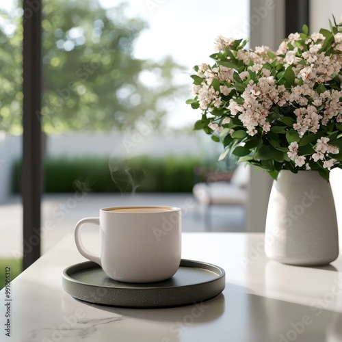 A person enjoying coffee while looking at a garden, front porch scene, 3D realistic render, bright colors, isolated on white background