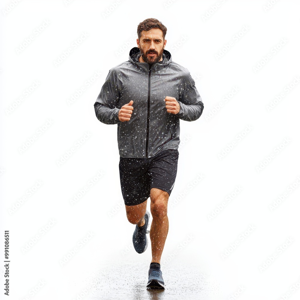 Male runner jogging in the rain, wet ground effects, photorealistic style, isolated on white background Male runner jogging in the rain, wet ground effects, photorealistic style, isolated on white background