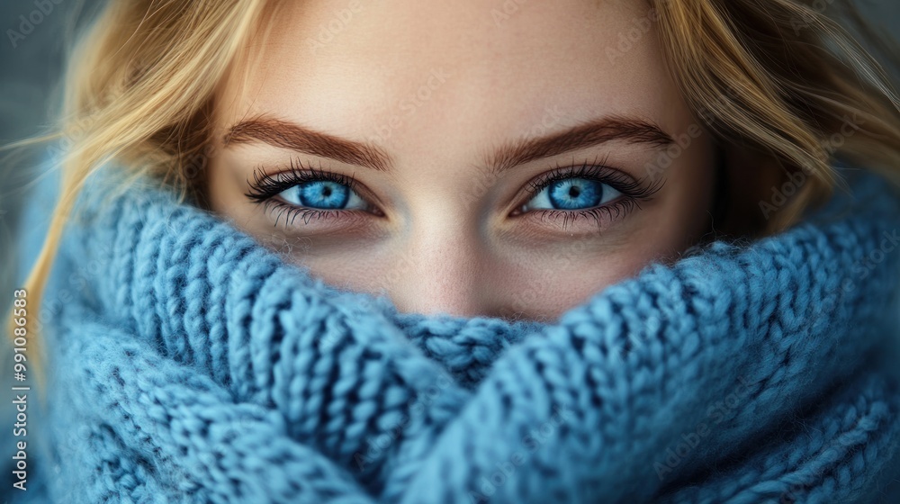 Close-up of a woman's blue eyes peeking out from a cozy blue knitted scarf.