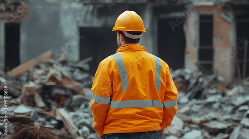 Construction worker in yellow helmet and orange jacket examines rubble at a demolition site, captured in a close-up shot in a rugged industrial scene with a focused expression.