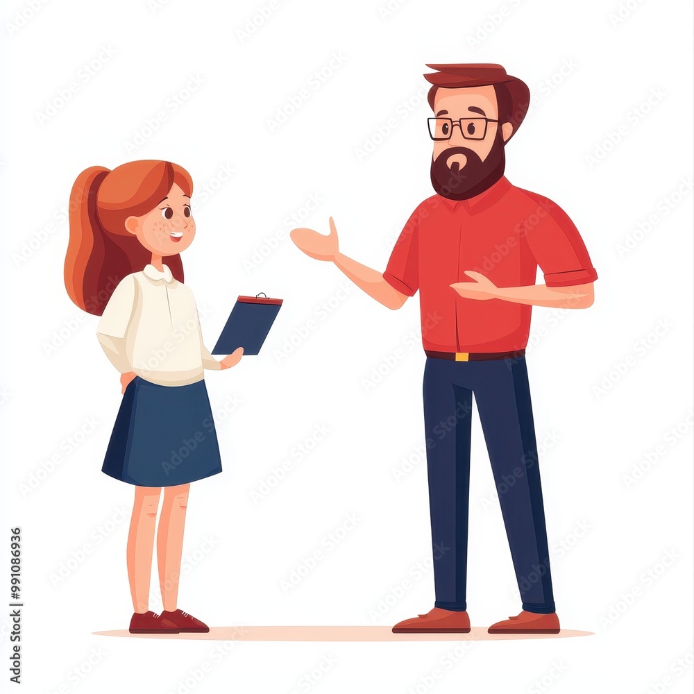 A teacher and student in a conversation, education concept, vector illustration, bright tones, isolated on white background A teacher and student in a conversation, education concept, vector illustration, bright tones, isolated on white background