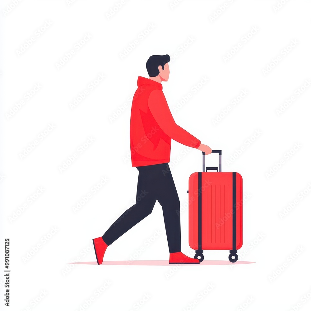Man dragging a suitcase through the airport, minimalist design, flat color palette, isolated on white background Man dragging a suitcase through the airport, minimalist design, flat color palette, isolated on white background