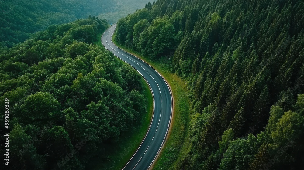 Aerial View of a Serene Winding Road Through Lush Green Forest in Summer