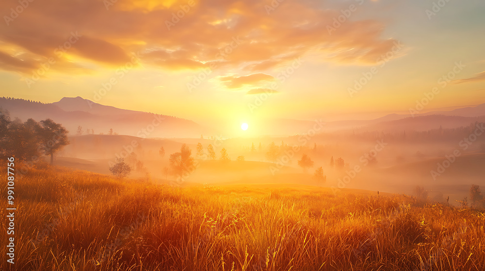 Obraz premium Sunrise over a landscape, with the warm light symbolizing the joy and warmth of a smile