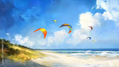 background with a kite flying at the beach, featuring colourful kites soaring above a sandy shoreline and a breezy, joyful atmosphere