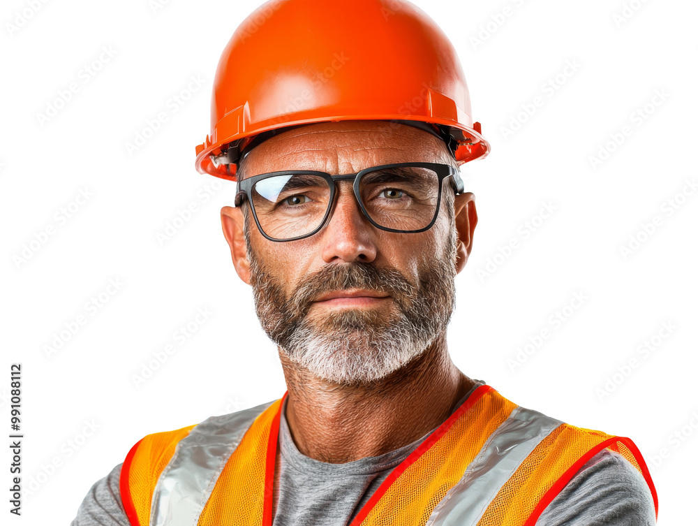 A man wearing an orange safety vest and a hard hat A man wearing an orange safety vest and a hard hat