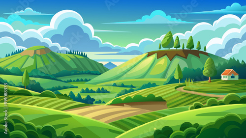 Green hill landscape. Vector illustration of panorama field landscape and cloud sky