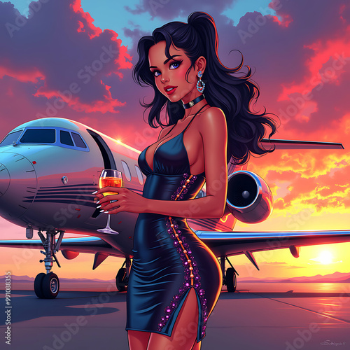 Illustration of a rich woman standing holding a glass of wine