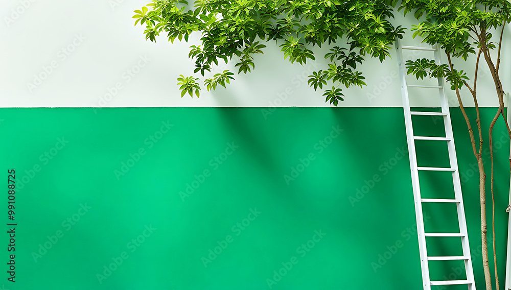 Obraz premium A tall ladder leaning against a color wall ,abstract textured wall ,with minimal distractions large leave tree in white pot is beside ladder