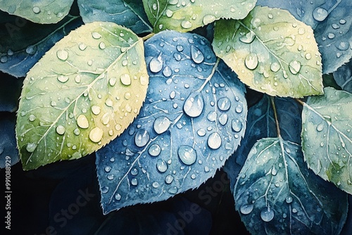 Watercolor painting of a delicate close-up of dewdrops on fresh leaves and petals, capturing the essence of a spring morning in macro detail.


 photo