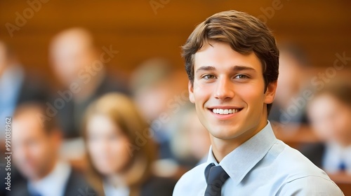 Confident young man smiling in a lecture hall with blurred background.