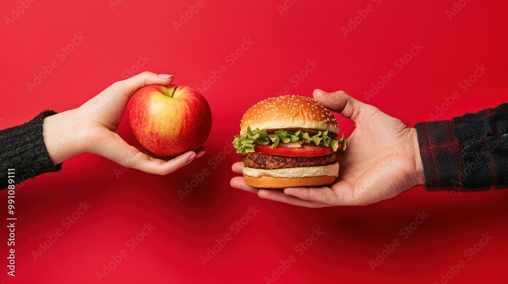 Female hand holding apple and burger on red background, showing healthy food versus fatty hamburger or fast food bun. Concept with space for text in the center.
