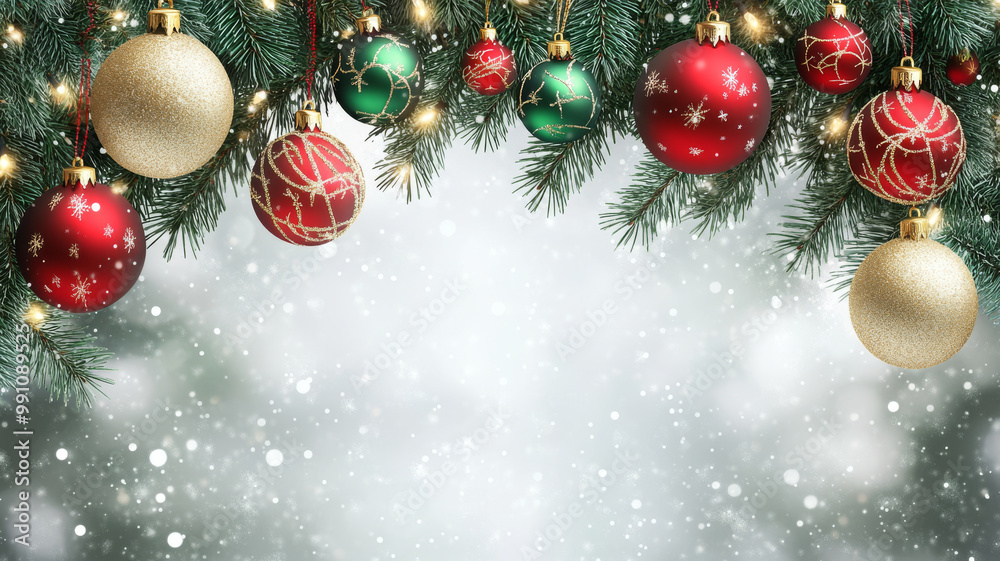 Festive Christmas decorations featuring red and green ornaments hanging from pine branches, creating joyful holiday atmosphere with falling snowflakes Festive Christmas decorations featuring red and green ornaments hanging from pine branches, creating joyful holiday atmosphere with falling snowflakes