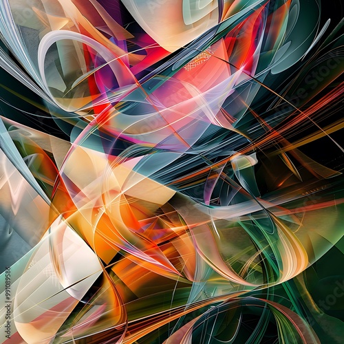 A vibrant abstract composition of colorful swirling shapes and lines, blending geometric forms with fluid motion, creating a dynamic visual experience.