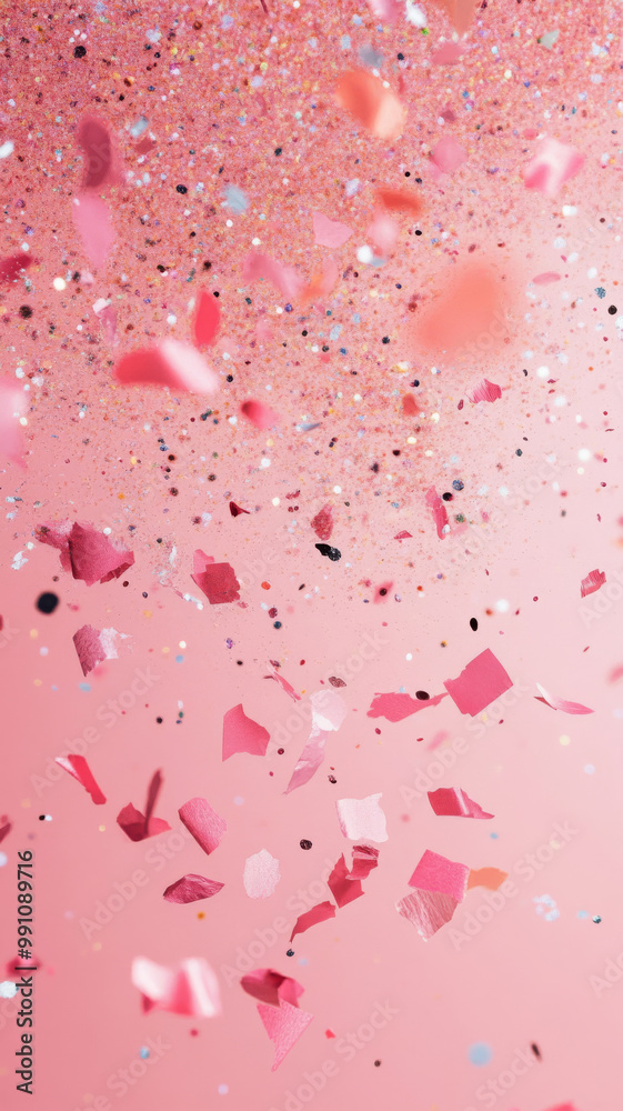 Colorful confetti and glitter fall gracefully against soft pink background, creating festive and joyful atmosphere. This vibrant scene captures essence of celebration and fun Colorful confetti and glitter fall gracefully against soft pink background, creating festive and joyful atmosphere. This vibrant scene captures essence of celebration and fun