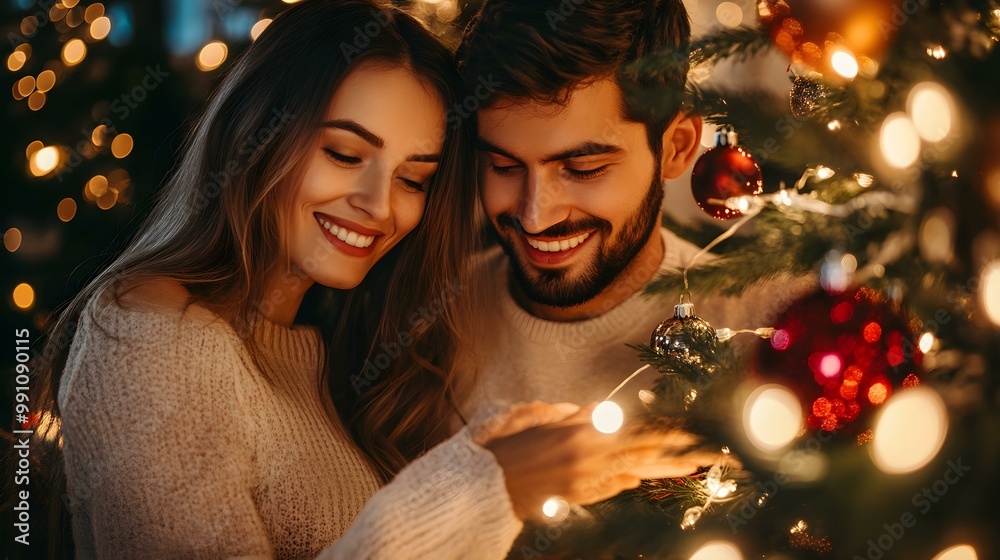Couple celebrating Christmas by a beautifully decorated tree with warm lights. Couple celebrating Christmas by a beautifully decorated tree with warm lights.