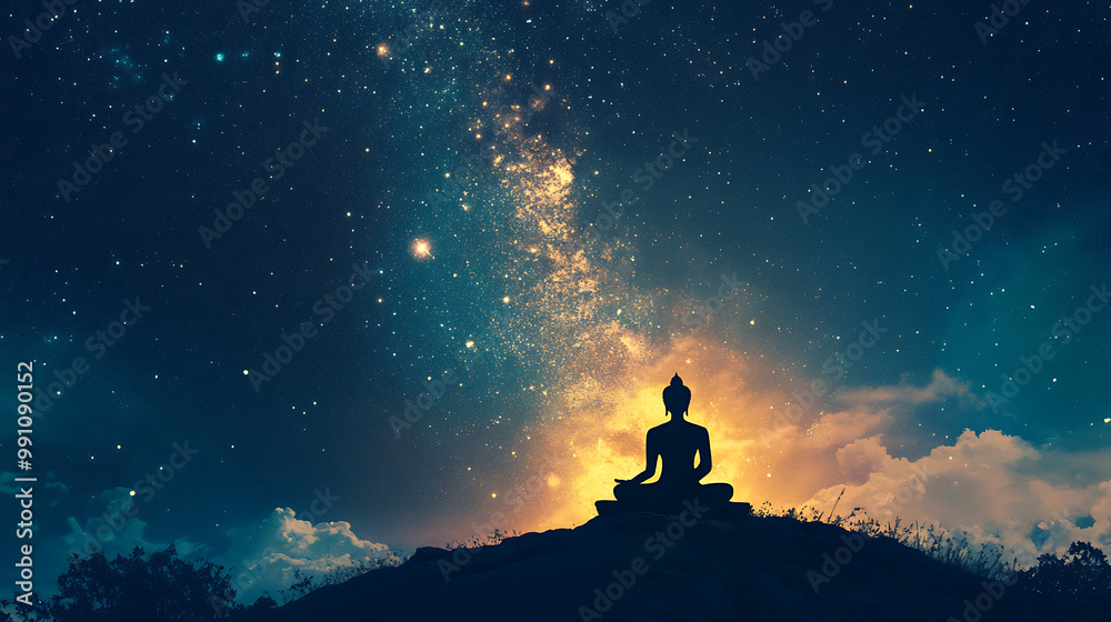 Buddhist background with a golden Buddha image set against a deep blue, starry night sky Buddhist background with a golden Buddha image set against a deep blue, starry night sky