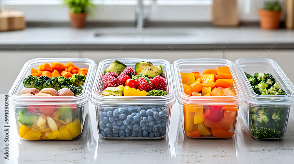 Healthy meal prep containers filled with colourful, nutritious food, arranged neatly on a kitchen countertop Healthy meal prep containers filled with colourful, nutritious food, arranged neatly on a kitchen countertop