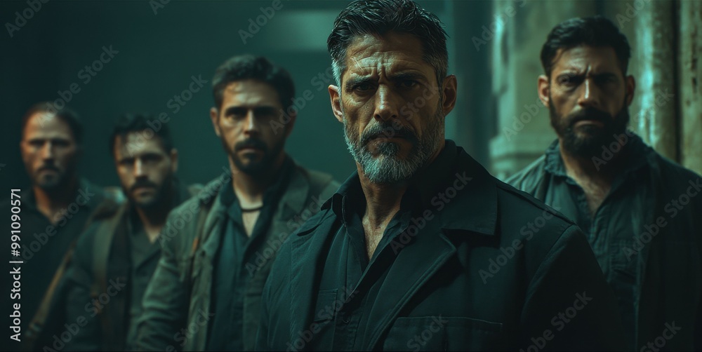Several men are closely standing together in a dark room