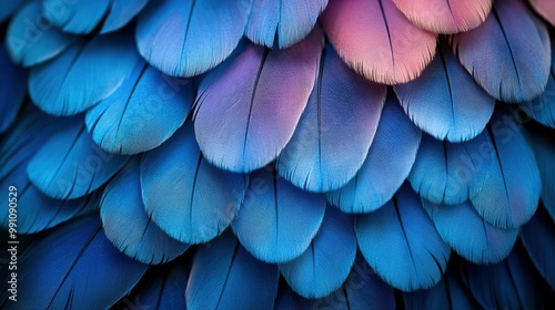 This close-up image shows the stunning iridescent feathers in shades of blue and pink, highlighting intricate details and textures. Nature's artistry is visible. photo