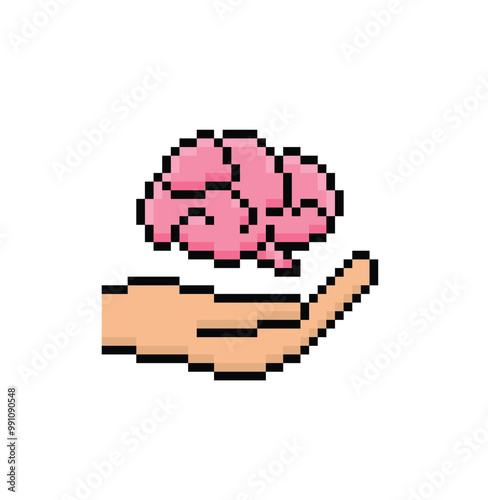 pixel hand hold brain  icon. Vector pixel art brain  8 bit logo for game
