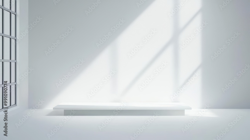 Minimalist platform with white walls, a simple desk, and large windows, focusing on natural light and space efficiency Minimalist platform with white walls, a simple desk, and large windows, focusing on natural light and space efficiency