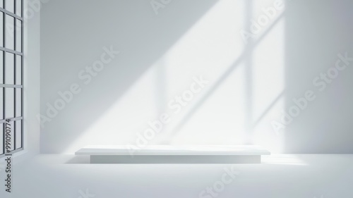 Wallpaper Mural Minimalist platform with white walls, a simple desk, and large windows, focusing on natural light and space efficiency Torontodigital.ca