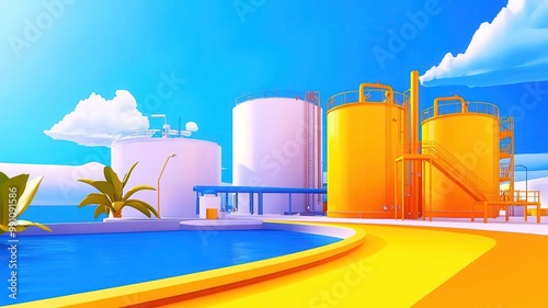 Refinery tank system, liquid processing theme, 3D render, split-complementary color scheme photo