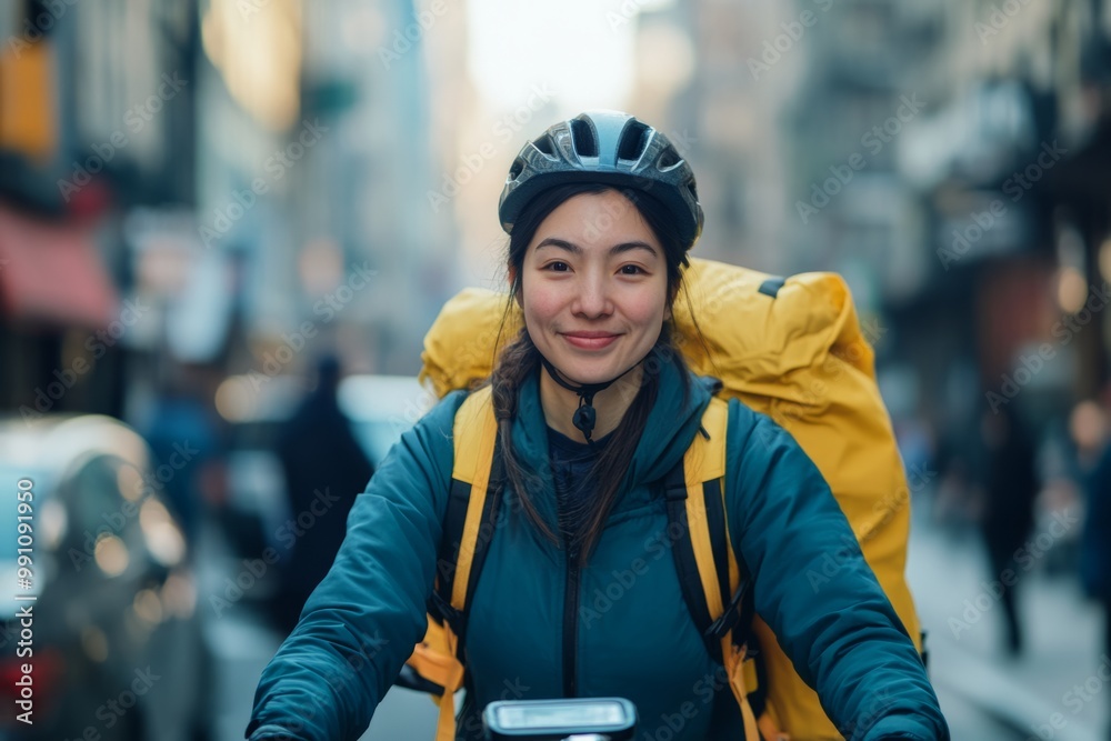 A smiling woman cyclist with a yellow backpack rides through a lively city. She wears a helmet and is ready for an adventure. Captured in vibrant urban style. Generative AI A smiling woman cyclist with a yellow backpack rides through a lively city. She wears a helmet and is ready for an adventure. Captured in vibrant urban style. Generative AI