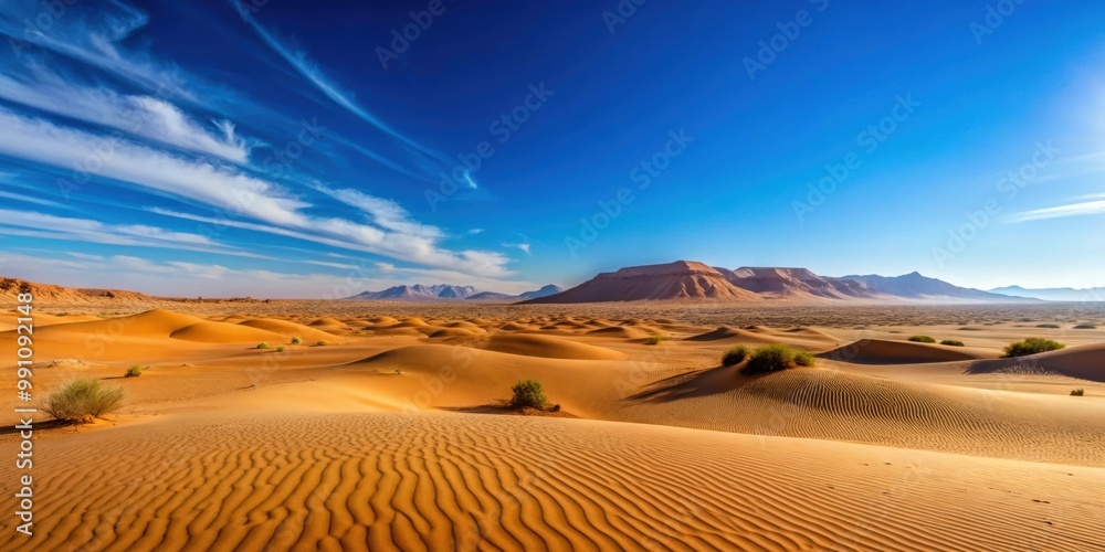 Naklejka premium Desert landscape with clear blue sky in the background, Desert, Landscape, Blue Sky, Background, Nature, Arid, Dry, Sand