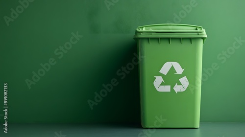 Green recycling bin symbolizes eco-friendly waste management with a recycle symbol on a light green background, emphasizing sustainability and minimalist design for urban living.