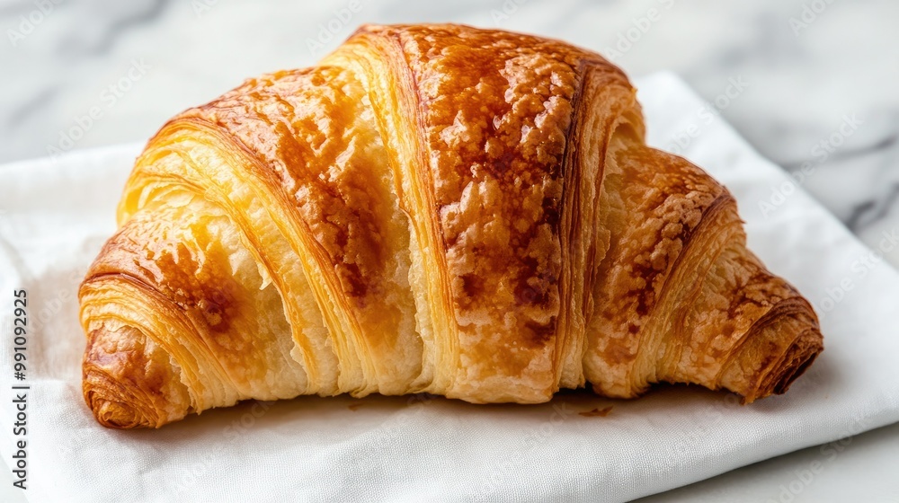 A close-up of a croissant flaky crust and golden color, placed on a white napkin with a light background, showcasing its freshly baked appeal. A close-up of a croissant flaky crust and golden color, placed on a white napkin with a light background, showcasing its freshly baked appeal.