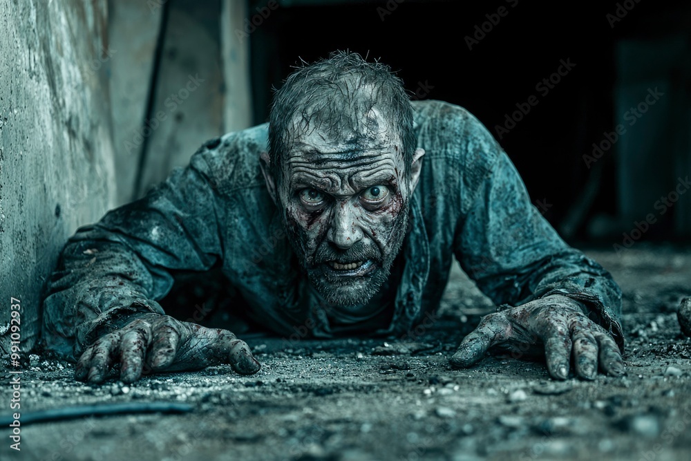 A Decaying Zombie Crawls Through a Post-Apocalyptic Landscape A Decaying Zombie Crawls Through a Post-Apocalyptic Landscape
