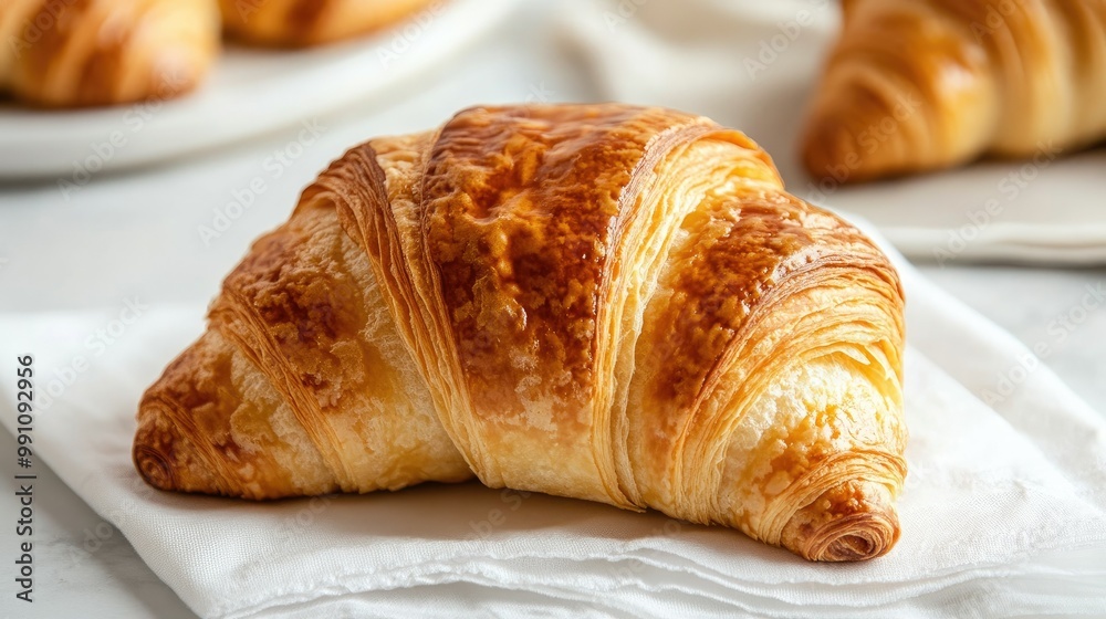 A close-up of a croissant flaky crust and golden color, placed on a white napkin with a light background, showcasing its freshly baked appeal. A close-up of a croissant flaky crust and golden color, placed on a white napkin with a light background, showcasing its freshly baked appeal.