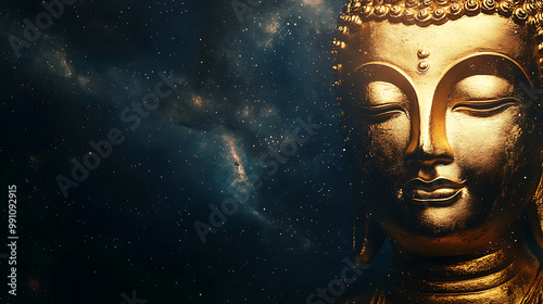 Buddhist background with a golden Buddha image set against a deep blue, starry night sky