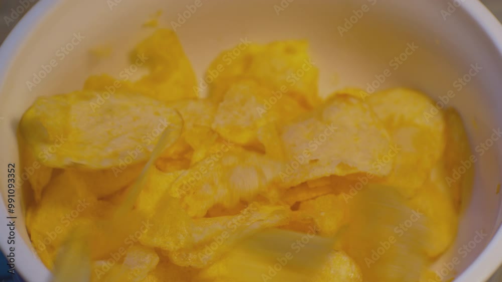 Modern food. Appetizing potato chips are poured into a bowl. Close-up. Modern food. Appetizing potato chips are poured into a bowl. Close-up.